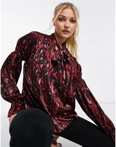 Бордовая блузка с леопардовым принтом и отделкой на рукавах Topshop