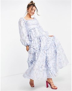 Голубое платье макси с цветочным принтом и оборками Summer Blossom Needle & thread