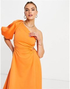 Оранжевое платье миди на одно плечо с эластичным вырезом со сборками на талии Asos design