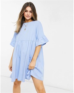 Свободное oversized платье с оборками на рукавах из хлопка голубого цвета Asos design