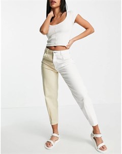Комбинированные двухцветные джинсы свободного кроя из белого и бежевого материала Bershka
