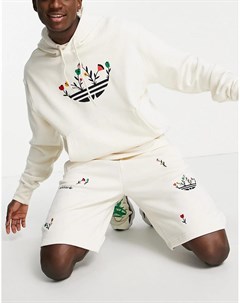 Белые шорты с вышивкой и цветочным принтом трилистником Adidas originals
