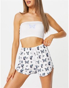 Пижама с шортами и бандо белого цвета с узором в виде бабочек Loungeable