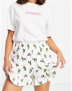 Белая пижама с принтом кактусов и надписью Warning Heartbreak