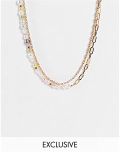Золотистое ярусное ожерелье с разными цепочками и искусственным жемчугом пастельных оттенков Inspire Reclaimed vintage