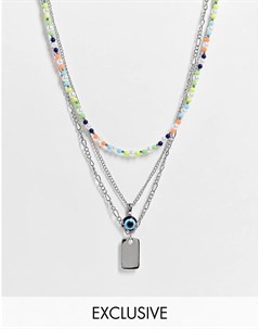 Многоярусное серебристое ожерелье с цветными бусинами и подвесками в форме жетона и глаза Inspired Reclaimed vintage