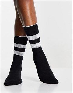 Черные носки до икры в рубчик с волнистым верхом и белой полоской Asos design