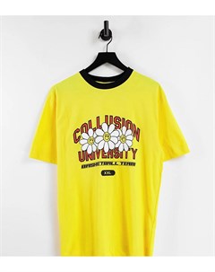 Желтая футболка с цветами и окантовкой в университетском стиле Collusion