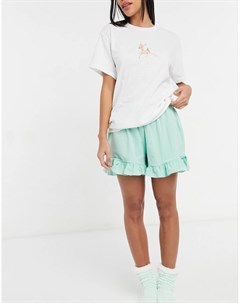 Пижамный комплект белого и пастельно зеленого цвета из футболки и шорт с принтом оленя Heartbreak