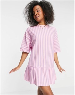 Платье футболка в стиле oversized в розовую и сиреневую полоску с оборкой по нижнему краю Asos design