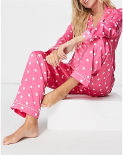Розовая атласная премиум пижама с отложным воротником и принтом в горошек Chelsea peers