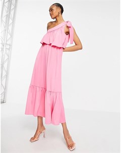 Розовое платье миди на одно плечо с завязкой и ярусным верхом Y.a.s