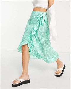 Зеленая юбка миди с запахом оборкой и цветочным принтом Vero moda