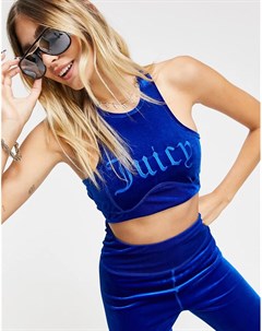 Велюровый бралетт синего цвета со спиной борцовкой и вышитым логотипом от комплекта Juicy couture