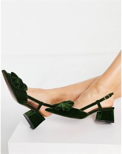 Зеленые бархатные туфли на среднем каблуке с бантом Spring Asos design