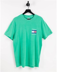 Зеленая футболка с логотипом и флагом спереди и сзади и принтом пальм Tommy jeans