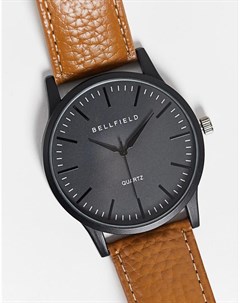 Мужские часы с черным циферблатом и светло коричневым кожаным ремешком Bellfield