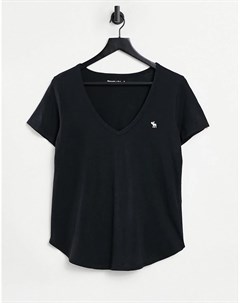 Черная футболка с логотипом короткими рукавами и V образным вырезом Abercrombie & fitch