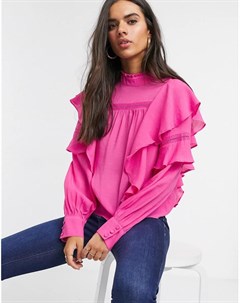 Розовая блузка с высоким воротом и оборками Vero moda