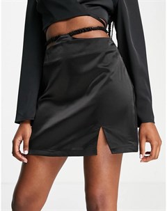 Черная мини юбка с тесемками на талии и разрезом Unique21