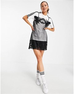 Черно белая футболка с логотипом и верхним слоем из прозрачного платья комбинации x Dry Clean Only Adidas originals