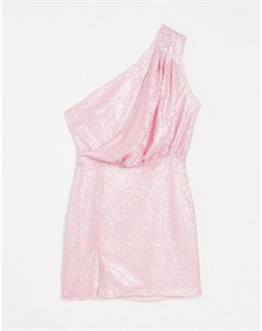 Розовое платье с драпировкой на одно плечо декорированное пайетками Saint genies