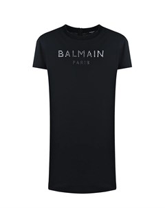 Черное платье футболка с логотипом из страз Balmain