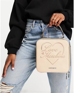 Бежевая сумка через плечо ручкой сверху и логотипом надписью Love moschino