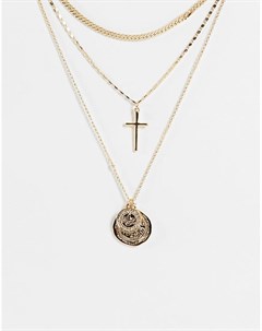 Золотистое ярусное ожерелье с подвесками в виде крестика и монет Topshop