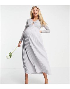 Серое плиссированное платье миди с кружевным топом Little mistress maternity