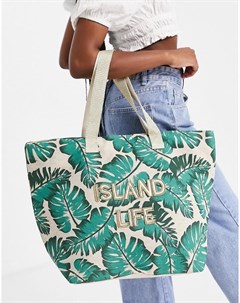 Зеленая сумка тоут с принтом Island Life и пальмами Accessorize