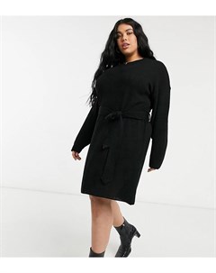 Черное платье джемпер мини с длинными рукавами и завязками на талии Glamorous curve