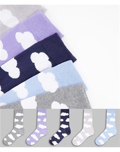 Набор из 5 пар разноцветных носков с принтом облаков New look