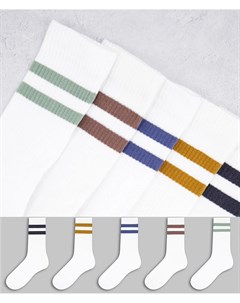 Набор из 5 пар белых носков с цветными полосками New look