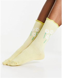 Лимонные носки до середины голени в рубчик с оборками по верхнему краю и цветочным узором Asos design