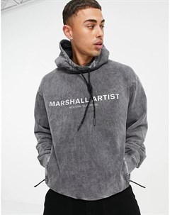 Oversized худи серого цвета с эффектом кислотной стирки и светоотражающим логотипом Marshall artist