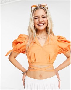 Укороченная блузка оранжевого цвета с завязками и пышными рукавами Urban revivo