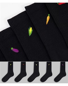 Набор из 5 пар черных носков с вышивкой овощей New look