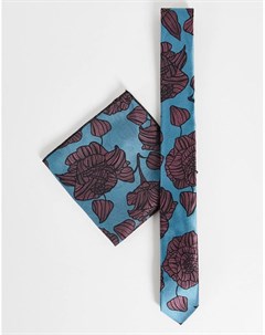 Узкий галстук и платок для нагрудного кармана бирюзового цвета с красным цветочным принтом Bolongaro trevor