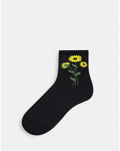 Черные носки из органического хлопка с принтом подсолнухов Polly Monki