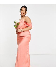 Атласное платье комбинация мидакси для подружки невесты персикового цвета с открытыми плечами Hope & ivy plus