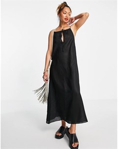 Черное платье миди из органического льна с завязкой на шее Aligne