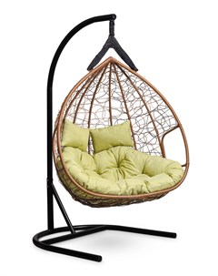 Подвесное двухместное кресло кокон fisht горячий шоколад с зеленой подушкой коричневый 120x195x110 с L'aura