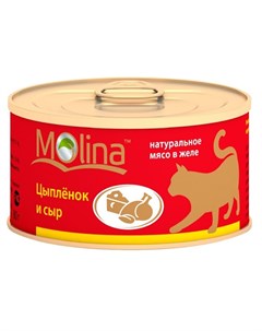 Влажный корм для взрослых кошек с цыпленком и сыром в желе в консервах 80 г Molina