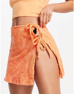 Оранжевая мини юбка из махровой ткани с запахом и цветочным принтом от комплекта Bershka