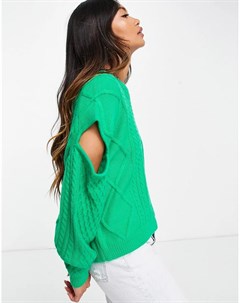 Темно зеленый свитер с узором косичка и вырезами на плечах Asos design