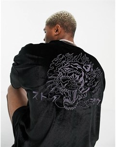 Черная велюровая футболка в стиле oversized с принтом огненного тигра Asos design