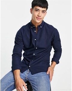 Темно синяя рубашка узкого кроя из ткани с добавлением льна с длинными рукавами Essentials Jack & jones
