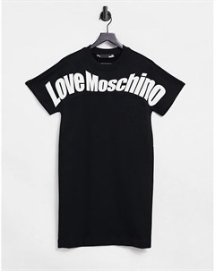 Черное платье с короткими рукавами и волнистым логотипом Love moschino