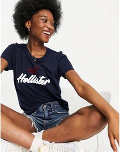 Темно синяя футболка с логотипом Hollister